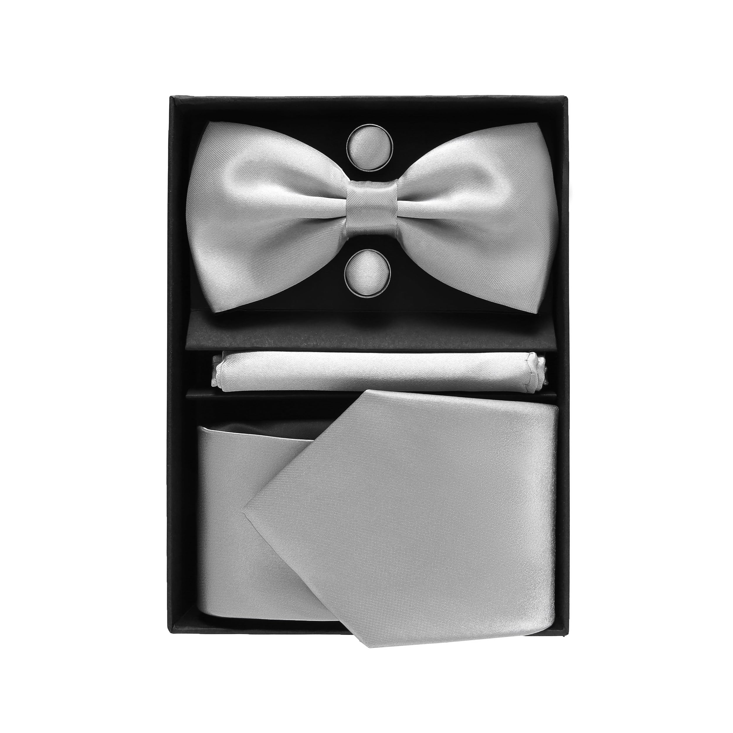 Mens Tie Set - Plain Satin Formal Necktie and Bow Tie with Pocket Square, Cufflinks in Gift Box - Image 4