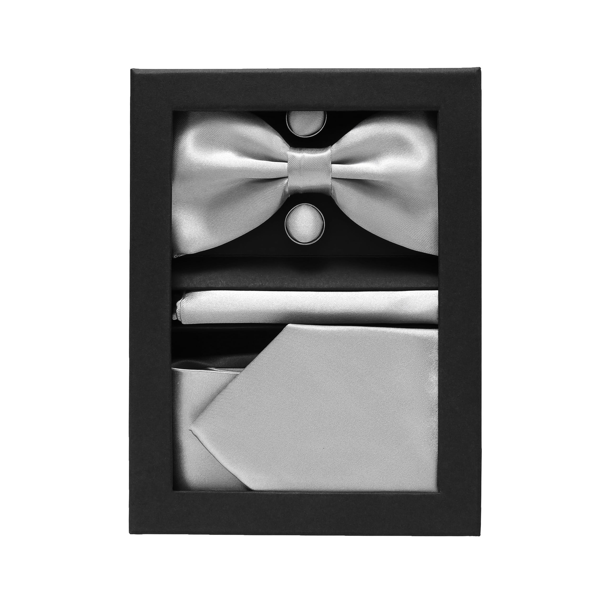 Mens Tie Set - Plain Satin Formal Necktie and Bow Tie with Pocket Square, Cufflinks in Gift Box - Image 6