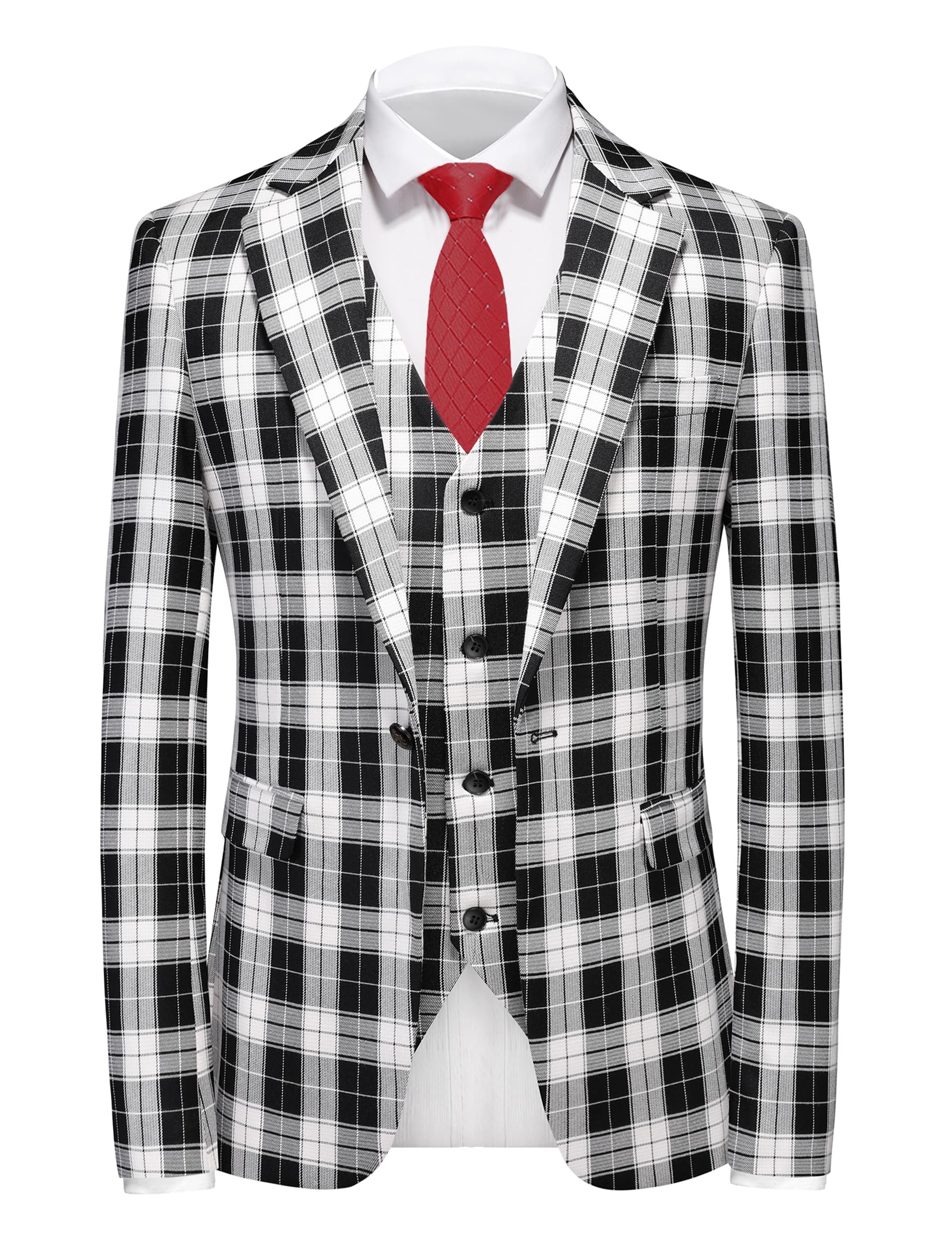 MOGU Men's 3-Piece Plaid Suit Slim Fit Checkered Tuxedo Set with Jacket, Vest, Pants Modern Casual Dress for Wedding Prom - Image 3
