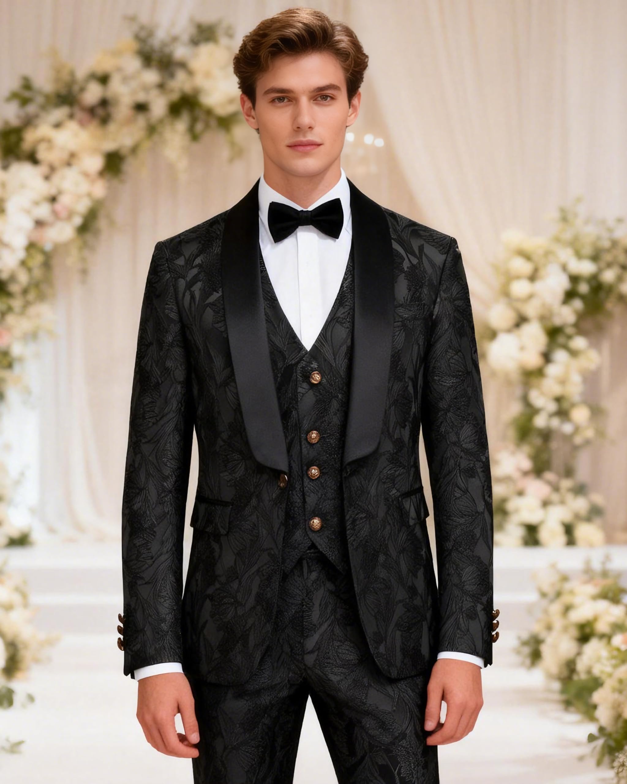 MOGU Mens 3 Piece Floral Suit Jacquard Dress Tuxedo Suit Set for Wedding Prom Jacket Vest Pants with Bow Tie - Image 3