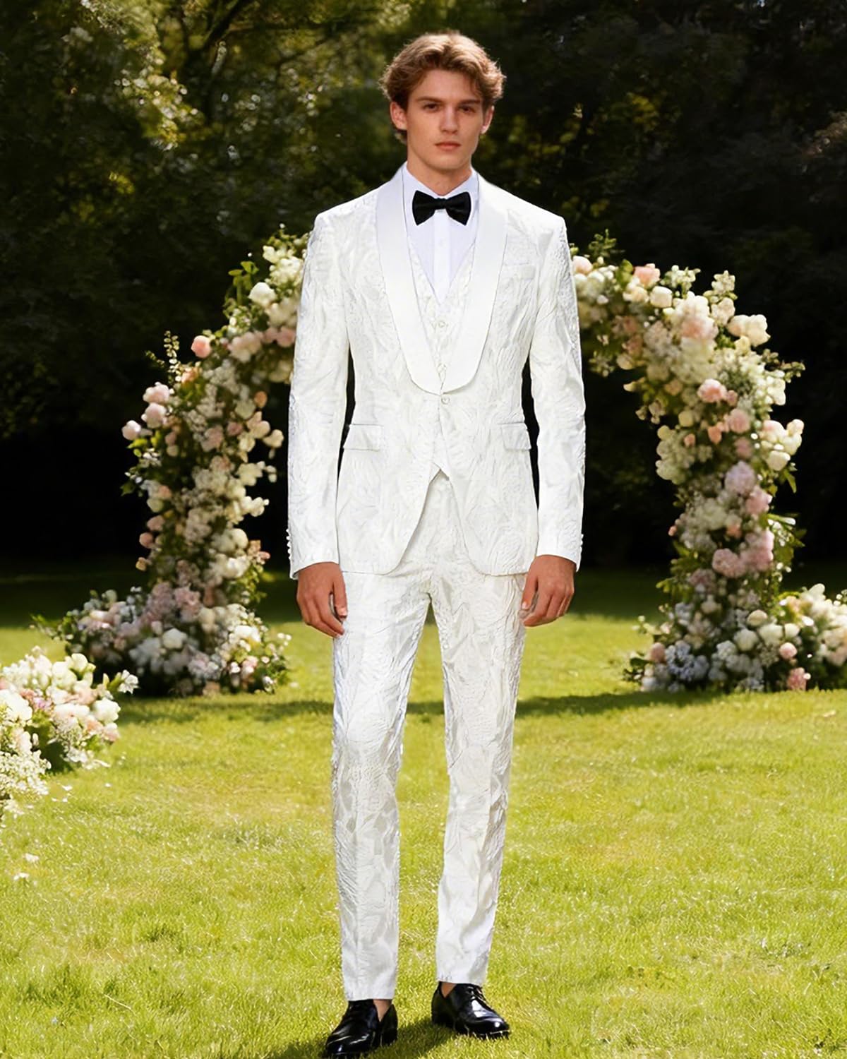 MOGU Mens 3 Piece Floral Suit Jacquard Dress Tuxedo Suit Set for Wedding Prom Jacket Vest Pants with Bow Tie - Image 4