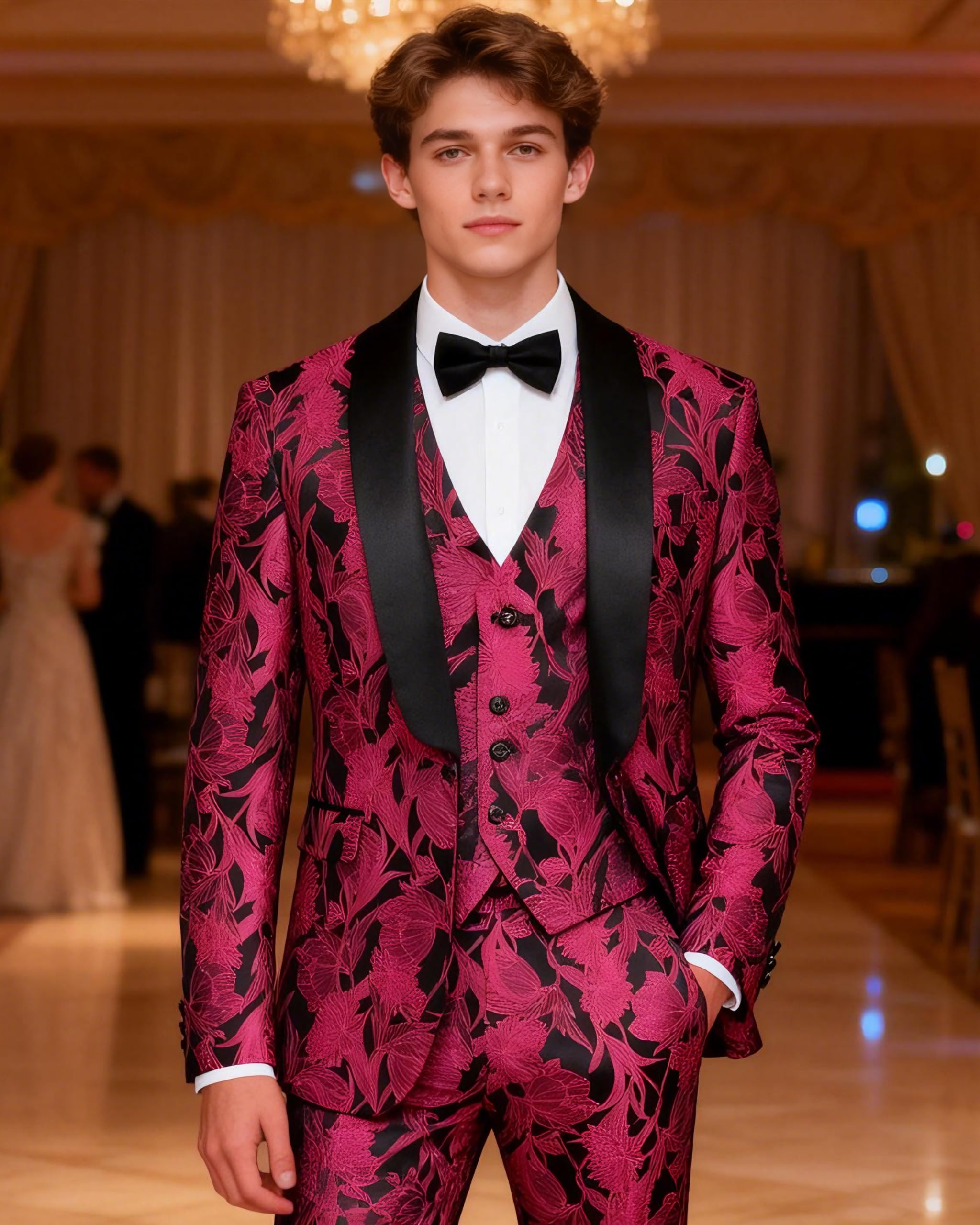 MOGU Mens 3 Piece Floral Suit Jacquard Dress Tuxedo Suit Set for Wedding Prom Jacket Vest Pants with Bow Tie - Image 5