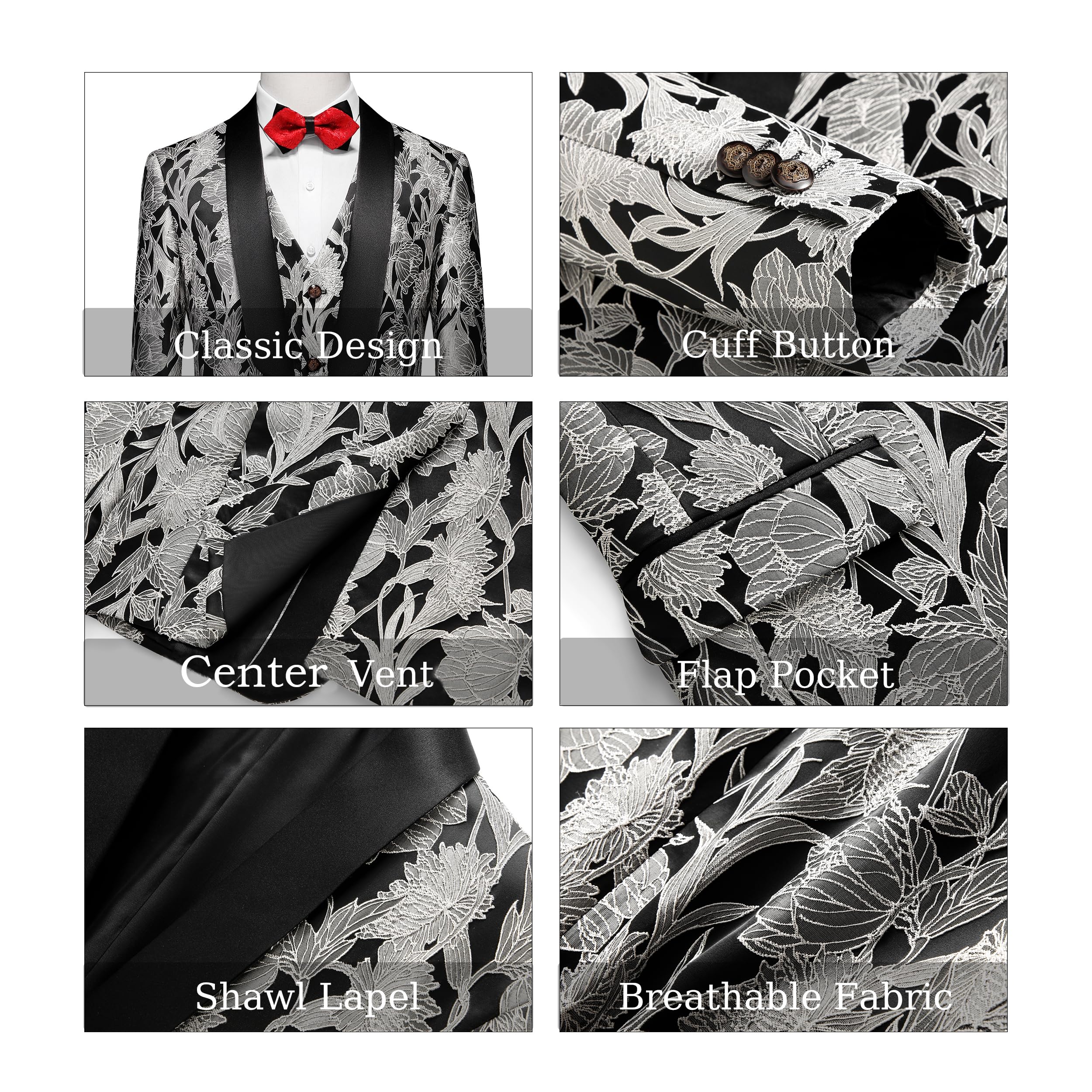 MOGU Mens 3 Piece Floral Suit Jacquard Dress Tuxedo Suit Set for Wedding Prom Jacket Vest Pants with Bow Tie - Image 6