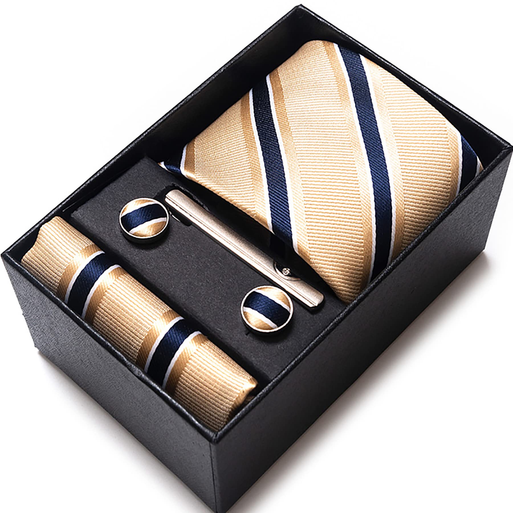 MOGU Mens Stripe Tie Set Classic Formal Necktie Pocket Square Cufflinks Tie Clip with Gift Box - Image 3